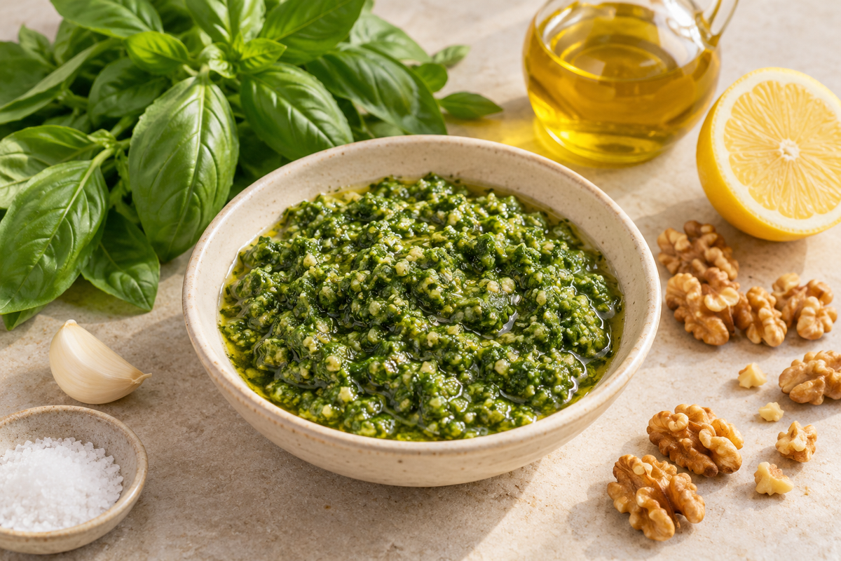 פסטו בזיליקום ואגוזי מלך — תמונת המחשה של המנה