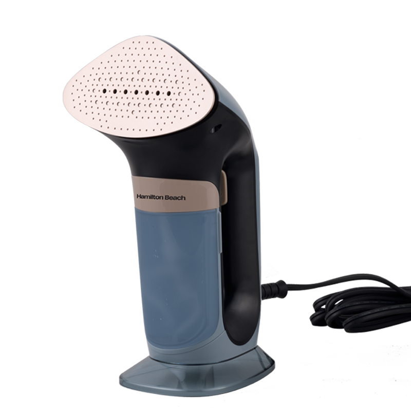 A vertical garment steamer by Hamilton Beach in black and blue colors with a white steam nozzle, power cord, and a water fill indicator.