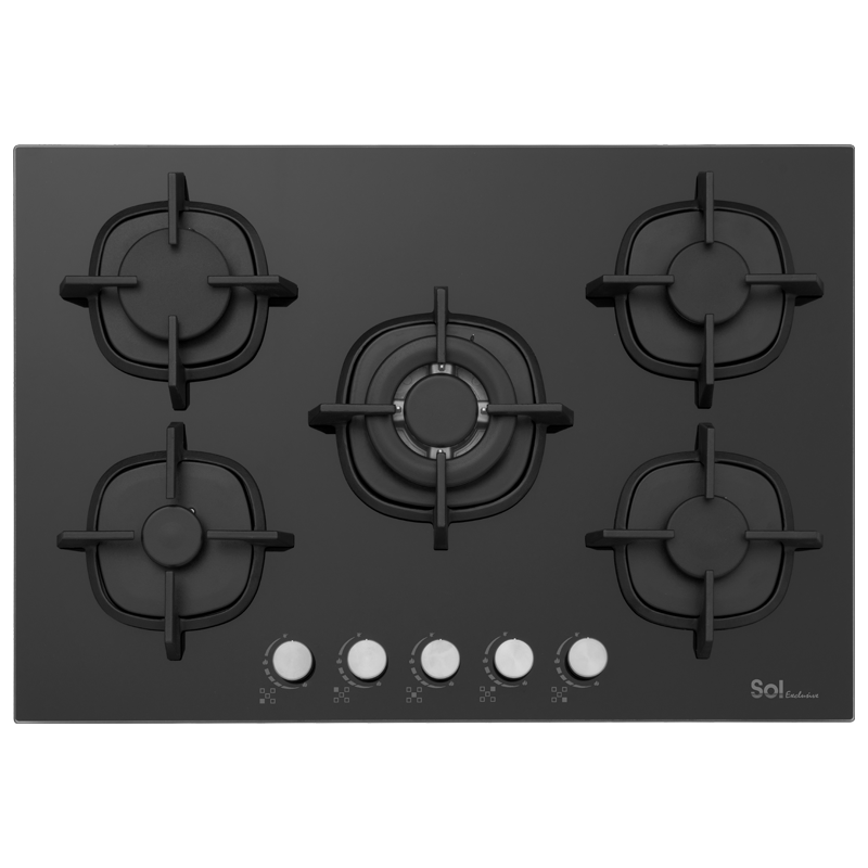 A black, 5-burner gas cooktop with a tempered glass surface and electronic controls.