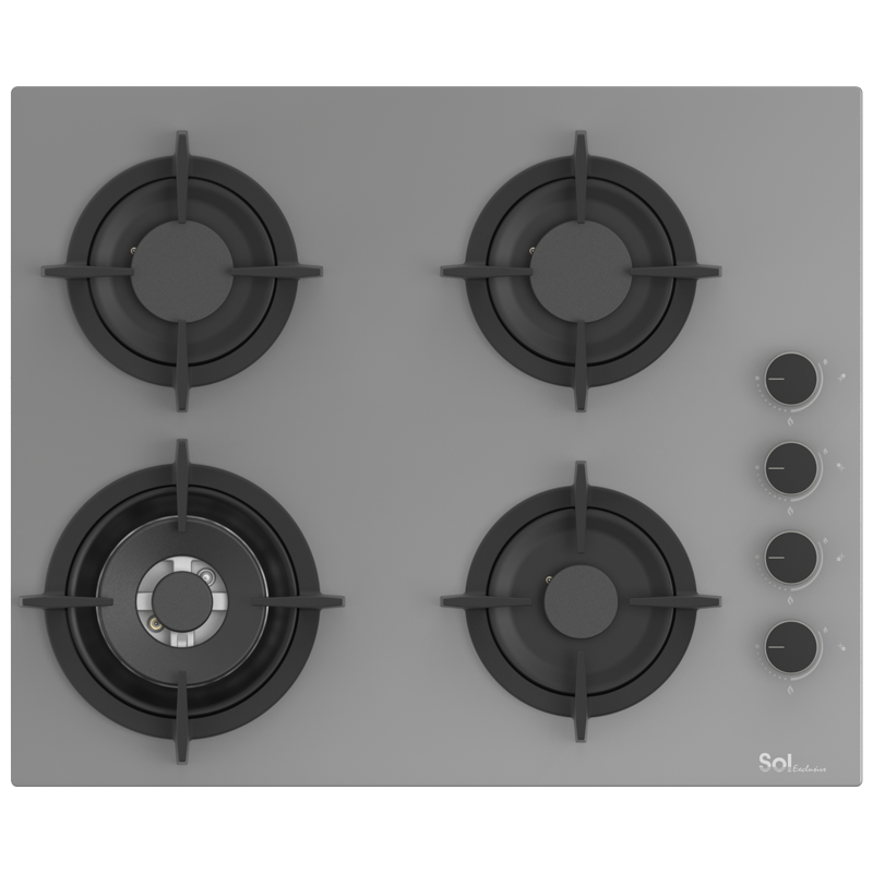A gray glass cooktop with four burners and electronic control knobs.