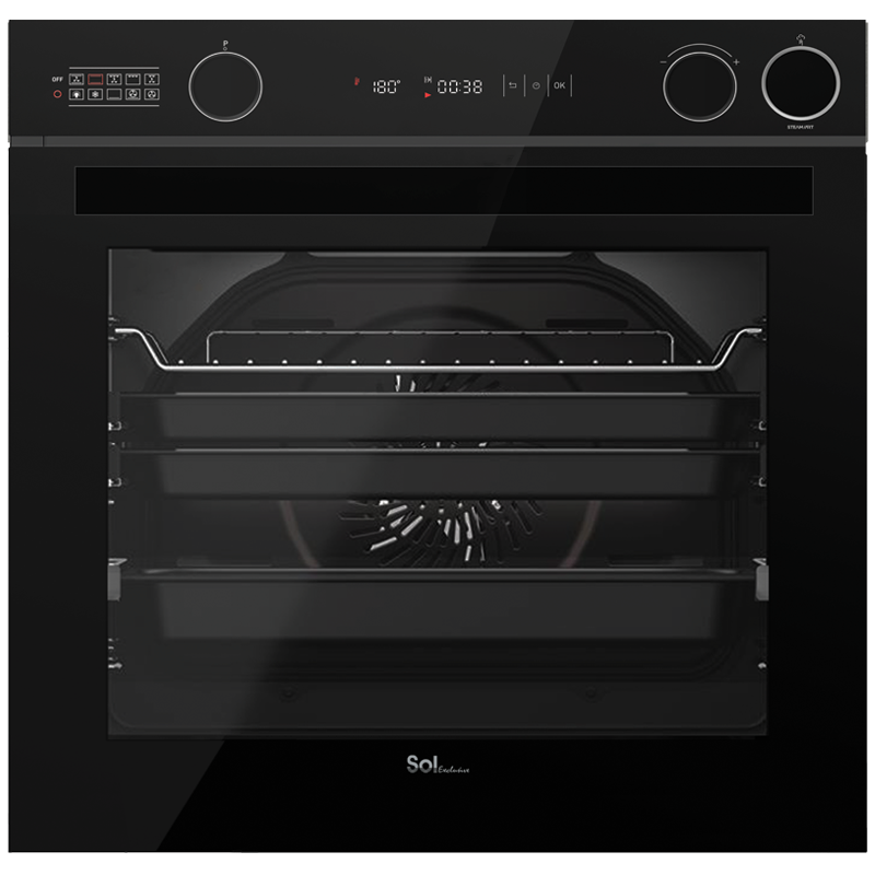 A black built-in digital oven with a clear glass door, digital control panel on the top, and visible heating elements inside.