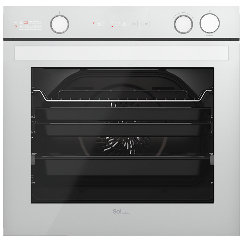 A white Built-in oven with a digital display and touch controls, featuring a glass door and visible heating elements inside.