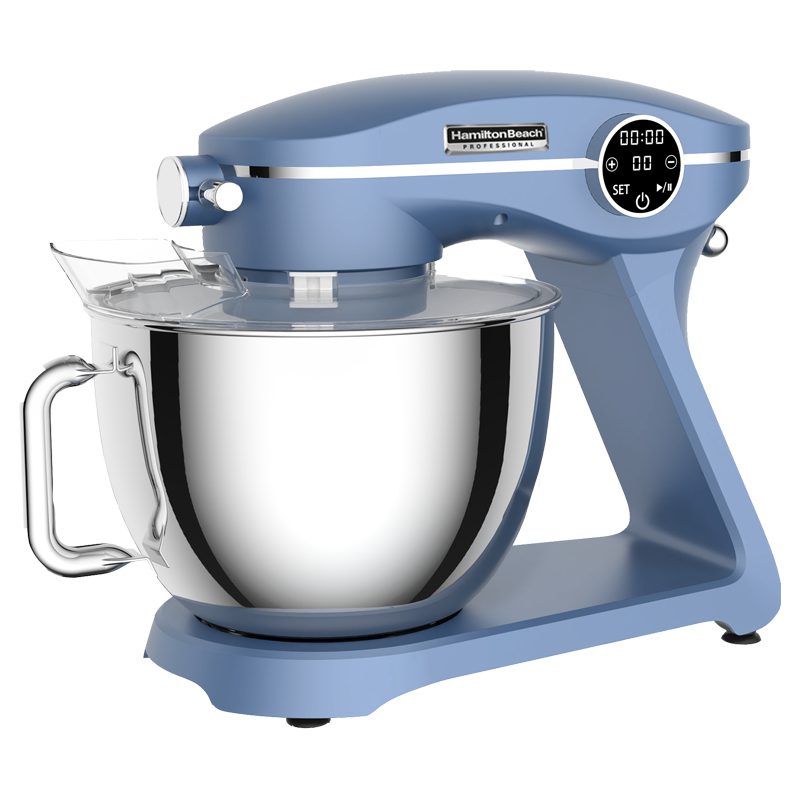 A blue professional food mixer with an 8-liter stainless steel bowl, digital display, and various attachments including a flat beater, dough hook, and a pouring shield.