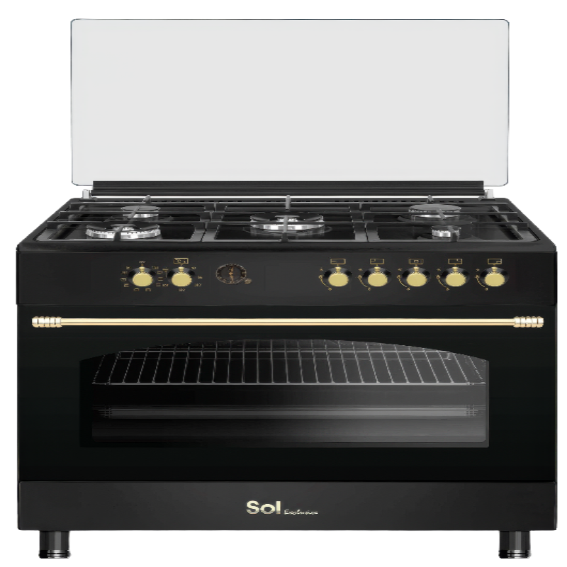 A black freestanding gas range stove with five burners, a glass cooktop, a gold-tone control panel and handle, and an oven window below. The Sol Italia brand name is visible on the lower front.