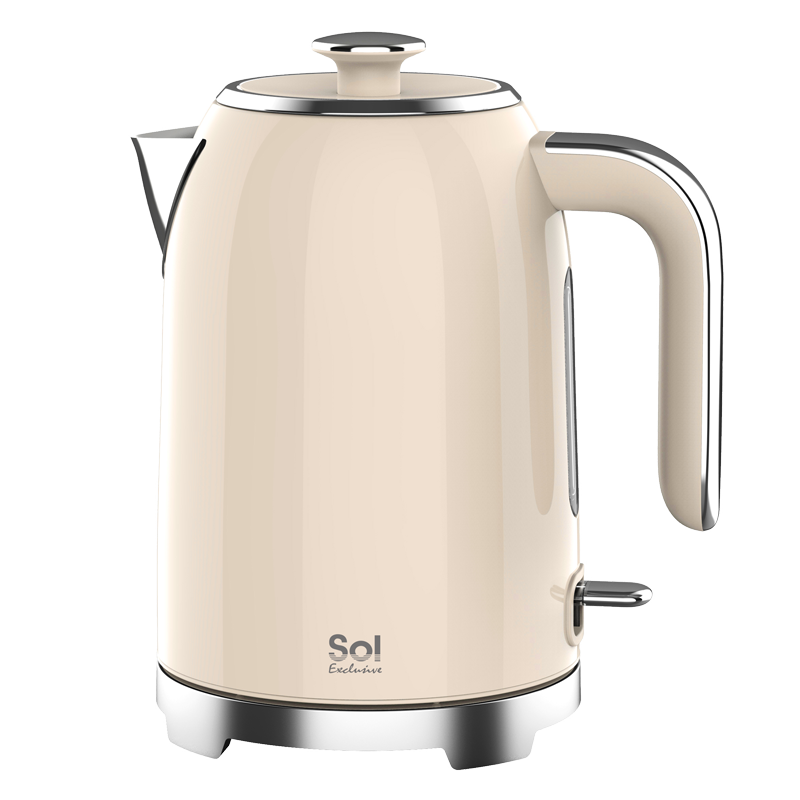 A beige electric kettle with a stainless steel base and a glass window showing the water level.
