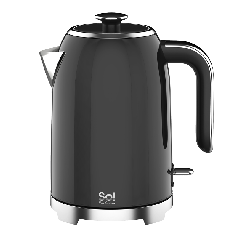 A black electric kettle with a stainless steel handle and base, featuring a clear water window and safety features.