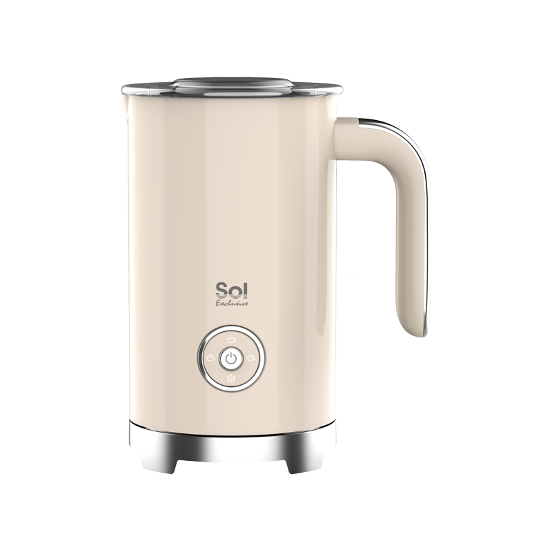 A beige milk frother with a sleek modern design, featuring a hand grip and a button for operation.