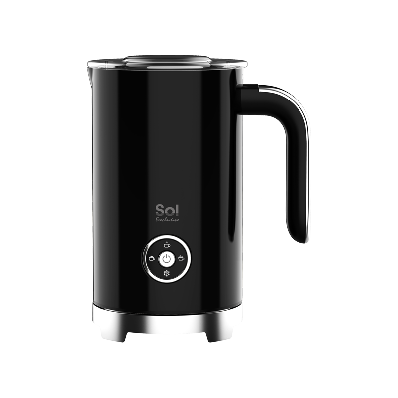 A black milk frother with a sleek design, featuring a power button and a spout, with the brand 'Sol' visible on the side.