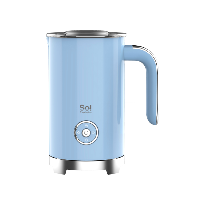 A blue milk frother with a sleek modern design, featuring a handle and control button on the front.