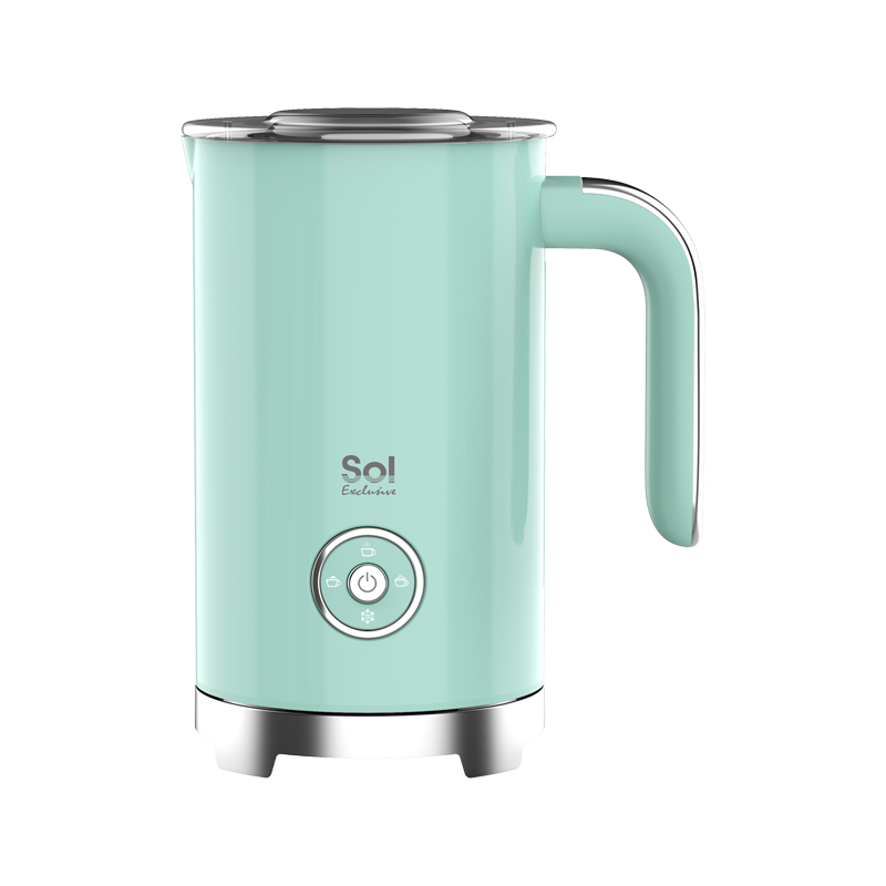 A green milk frother with a sleek modern design, featuring a hand grip and a button for operation.