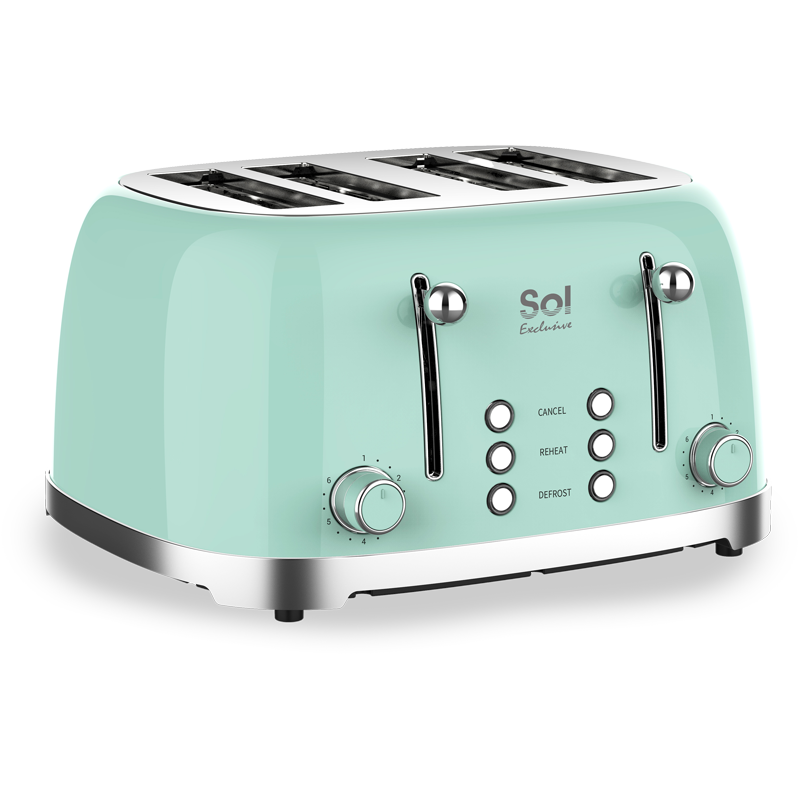 A green four-slice toaster with stainless steel accents and visible control knobs.