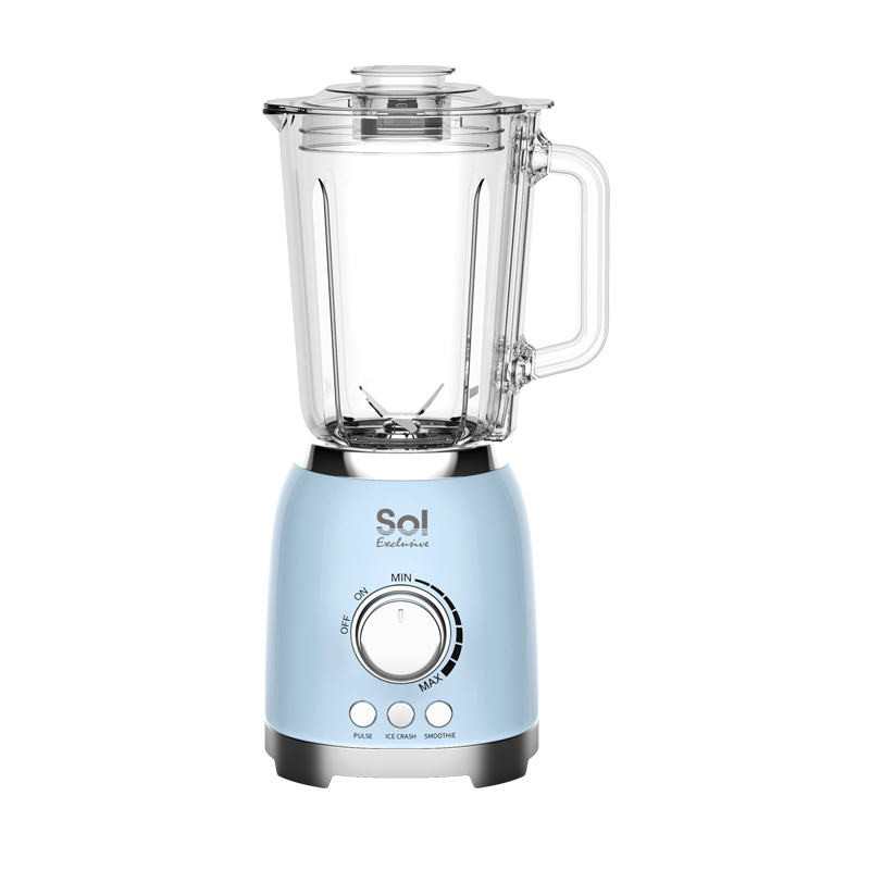 A blue, classic style blender with a glass container and a control panel with a dial and buttons on the front.