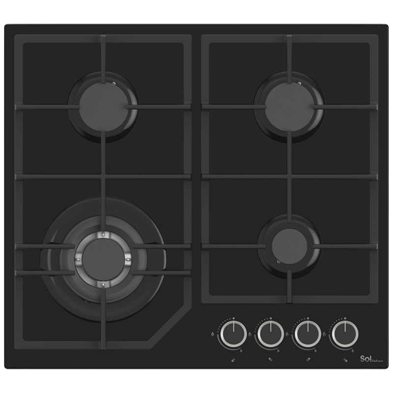 A black glass cooktop with four burners and electronic controls.