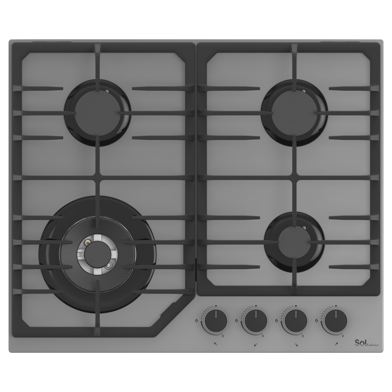 A gray glass cooktop with four burners and control knobs on the right side.
