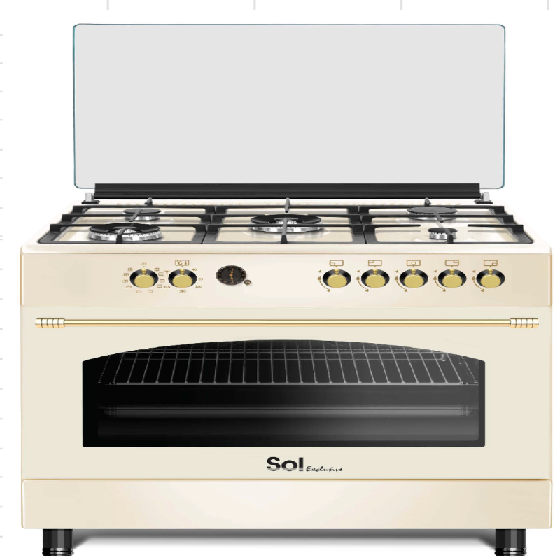 Cream-colored Soli Italia gas range stove with five burners, a black glass oven door, and gold control knobs, shown against a plain white background.