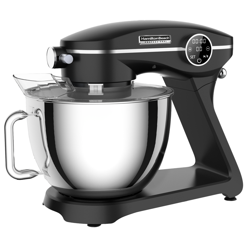 A black 8-liter professional stand mixer with a digital display, a stainless steel bowl, and a clear plastic cover.