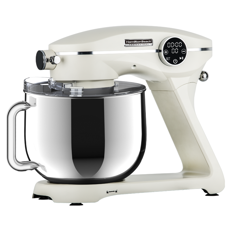 A professional stand mixer with a digital display, made primarily of aluminum and stainless steel, in a color that appears to be white or light cream.