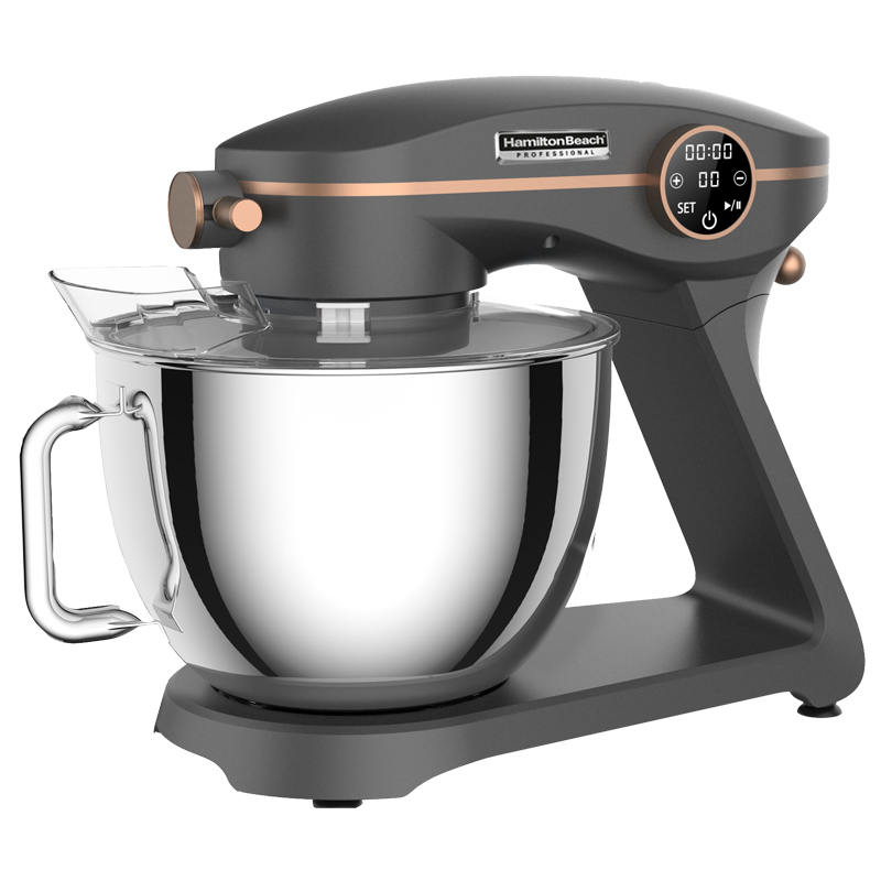 A professional stand mixer with a digital display, made primarily of aluminum and stainless steel, with a gray and bronze color scheme.