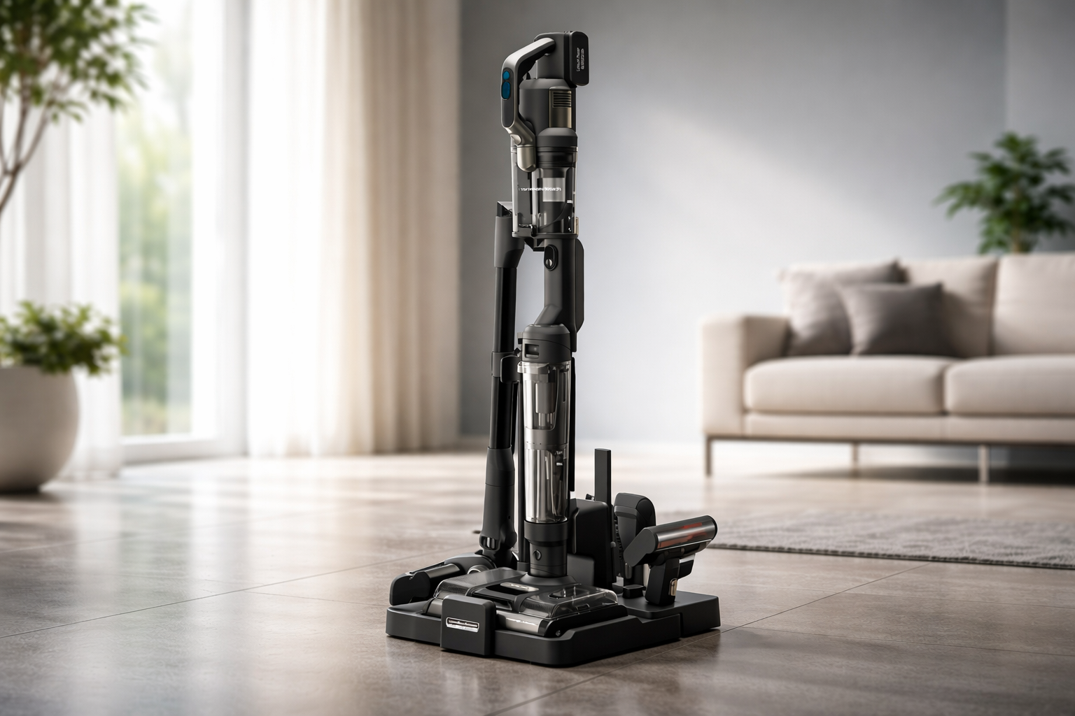 Black and silver vacuum cleaner on a wooden floor with a modern living room in the background.