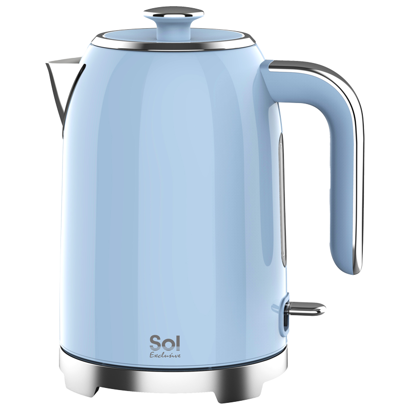 A blue electric kettle with a stainless steel handle and base, featuring a transparent water window and a safety cover.