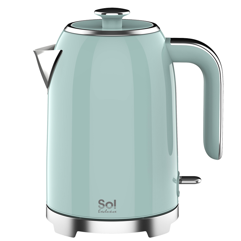 A green electric kettle with a stainless steel handle and base, featuring a clear water window and safety shut-off features.