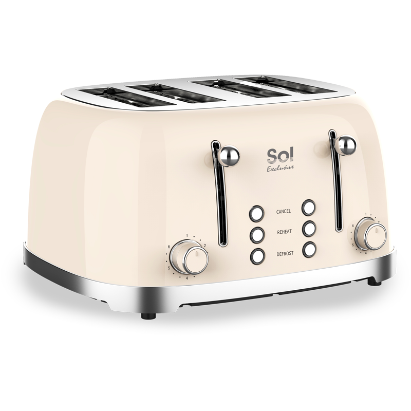 A beige 4-slice toaster with electronic browning control knobs and stainless steel accents.