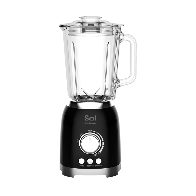 A black, electric blender with a clear glass container and a black base with control dials.