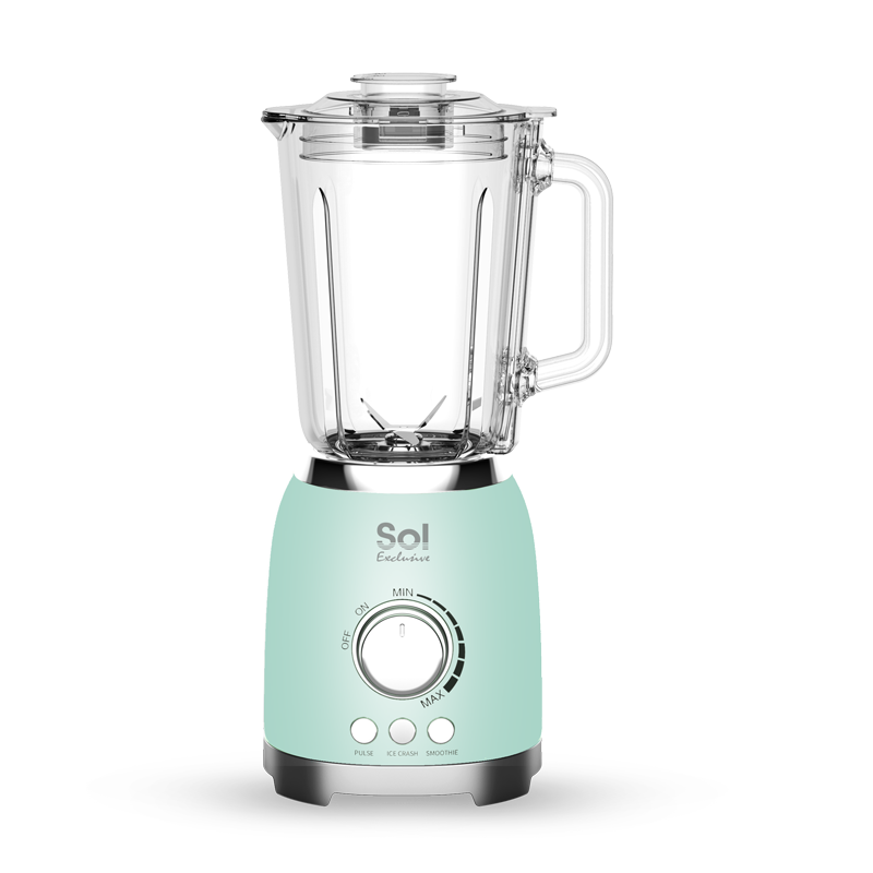 A green classic blender with a glass container and a round control dial on the front.